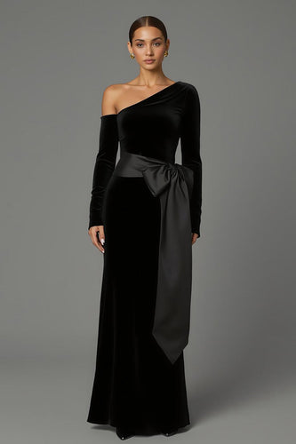 Black One Shoulder Velvet Long Sleeves Holiday Party Dress with Bow