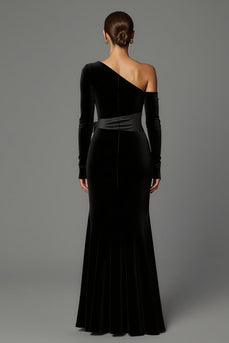 Black One Shoulder Velvet Long Sleeves Holiday Party Dress with Bow