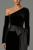 Load image into Gallery viewer, Black One Shoulder Velvet Long Sleeves Holiday Party Dress with Bow