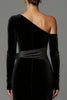 Load image into Gallery viewer, Black One Shoulder Velvet Long Sleeves Holiday Party Dress with Bow