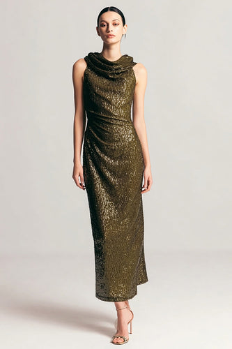 Sparkly Olive Cowl Neck Sequins Sheath Long Holiday Party Dress
