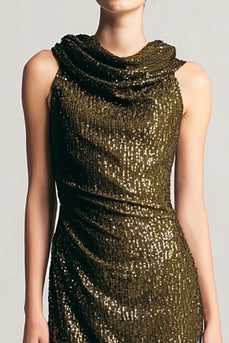 Sparkly Olive Cowl Neck Sequins Sheath Long Holiday Party Dress