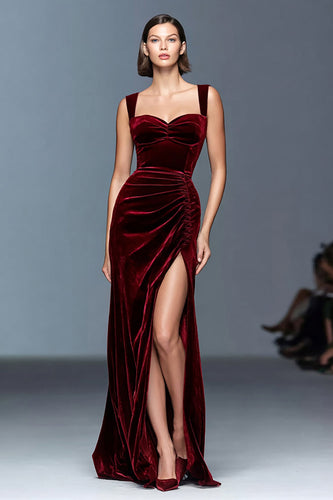 Burgundy Ruched Velvet Long Holiday Party Dress with Slit