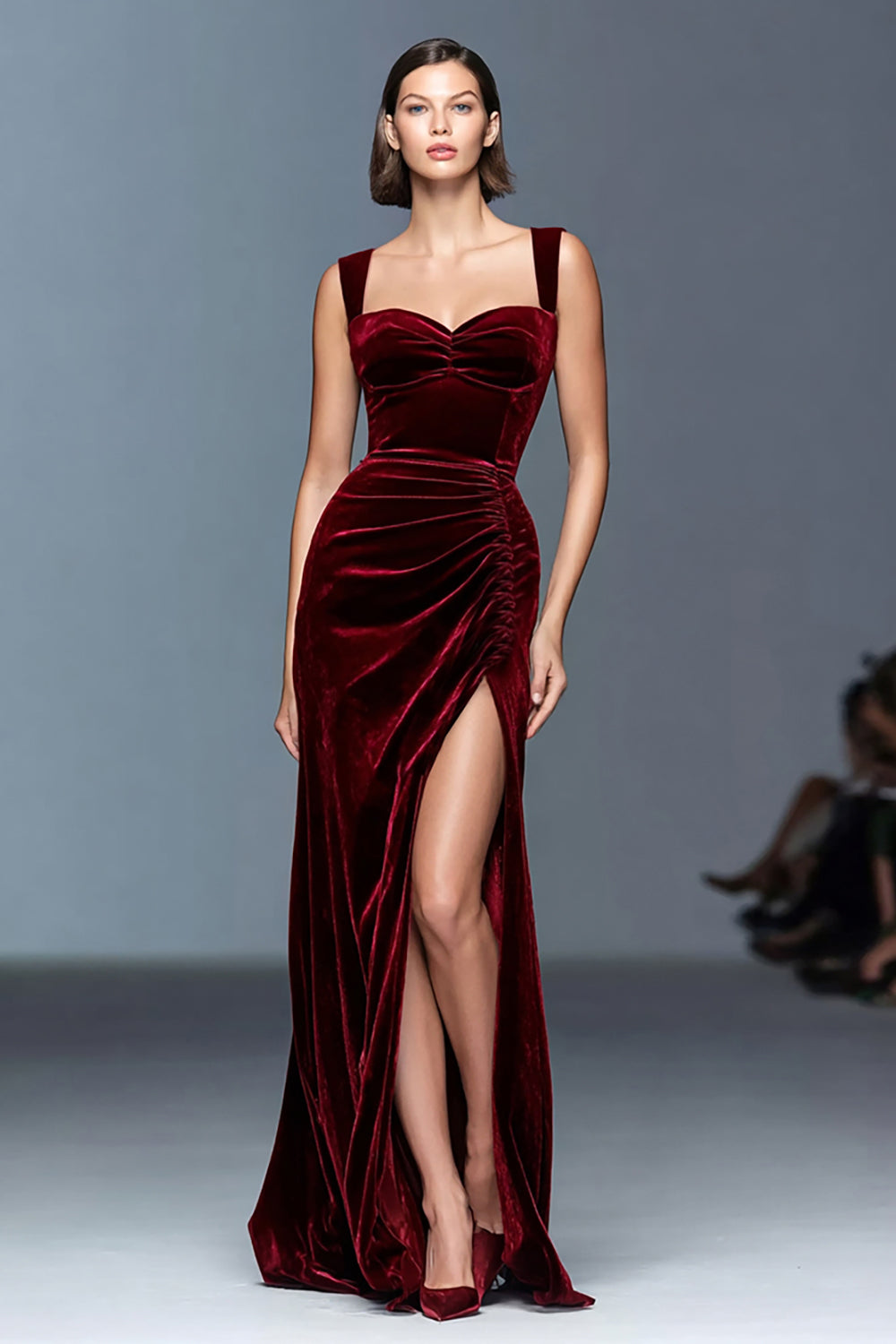 Burgundy Ruched Velvet Long Holiday Party Dress with Slit
