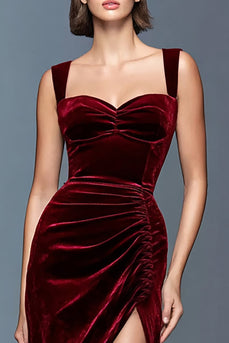Burgundy Ruched Velvet Long Holiday Party Dress with Slit