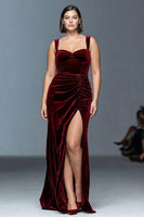 Load image into Gallery viewer, Burgundy Plus Size Velvet Ruched Long Holiday Party Dress with Slit