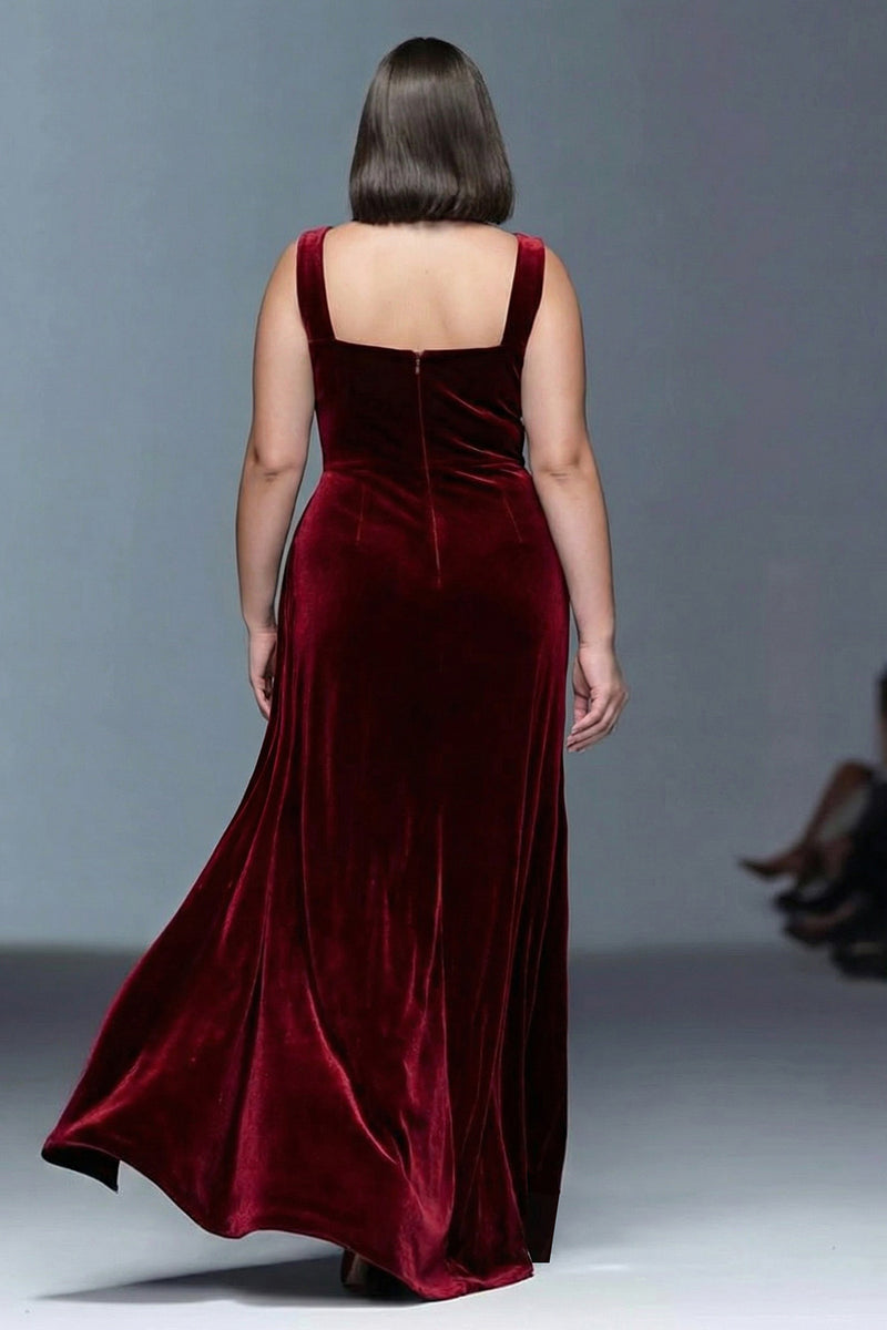 Load image into Gallery viewer, Burgundy Plus Size Velvet Ruched Long Holiday Party Dress with Slit