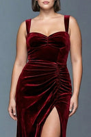 Load image into Gallery viewer, Burgundy Plus Size Velvet Ruched Long Holiday Party Dress with Slit