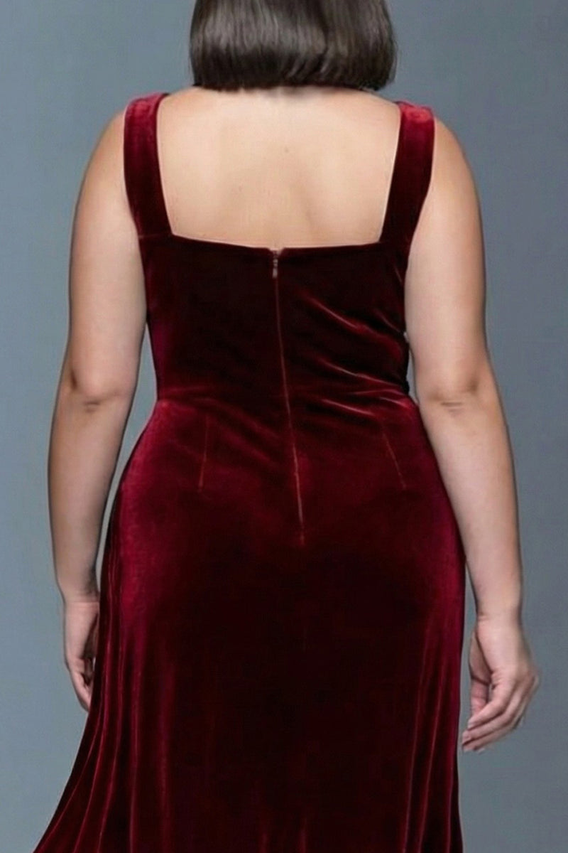 Load image into Gallery viewer, Burgundy Plus Size Velvet Ruched Long Holiday Party Dress with Slit
