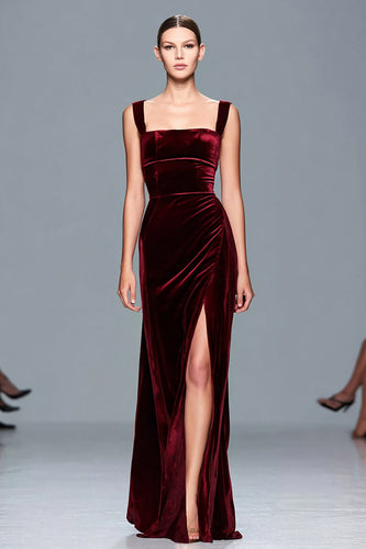 Burgundy Square Neck Long Velvet Holiday Party Dress with Slit