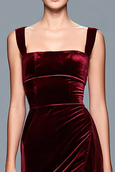 Burgundy Square Neck Long Velvet Holiday Party Dress with Slit
