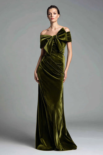 Olive Velvet Sheath Ruched Long Holiday Party Dress with Bow