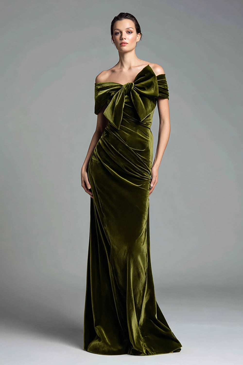 Olive Velvet Sheath Ruched Long Holiday Party Dress with Bow