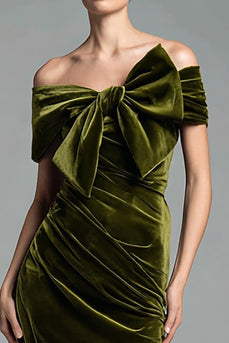 Olive Velvet Sheath Ruched Long Holiday Party Dress with Bow