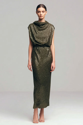 Sparkly Olive Sheath Cowl Neck Long Sequins Holiday Party Dress