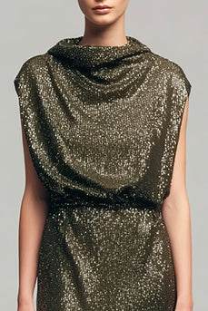 Sparkly Olive Sheath Cowl Neck Long Sequins Holiday Party Dress