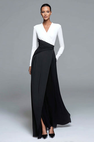 Black and White Patchwork Long Sleeves V-Neck Formal Dress with Pockets