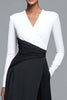 Load image into Gallery viewer, Black and White Patchwork Long Sleeves V-Neck Formal Dress with Pockets