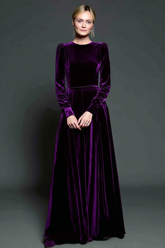 Simple Dark Purple A Line Velvet Long Holiday Party Dress with Sleeves