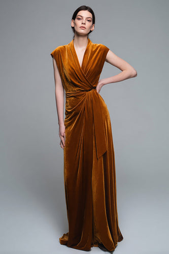 Caramel Velvet V-Neck Ruched Long Holiday Party Dress