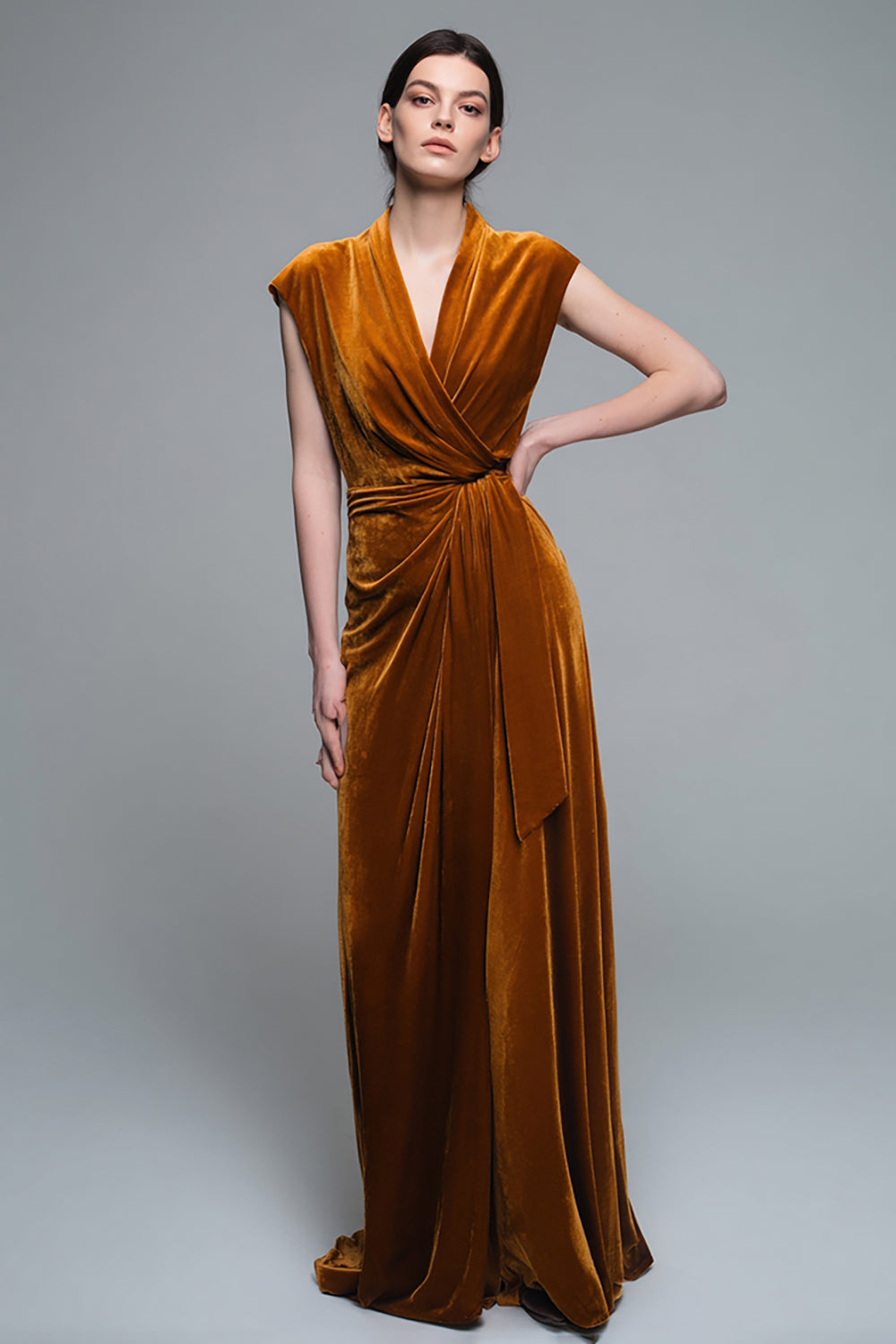 Caramel Velvet V-Neck Ruched Long Holiday Party Dress