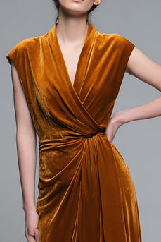 Caramel Velvet V-Neck Ruched Long Holiday Party Dress