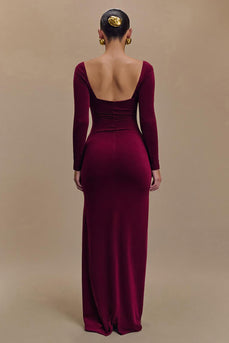 Burgundy Square Neck Satin Long Sleeves Formal Dress with Slit