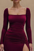 Load image into Gallery viewer, Burgundy Square Neck Satin Long Sleeves Formal Dress with Slit