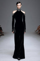Load image into Gallery viewer, Sparkly Black High Neck Velvet Long Sleeves Holiday Party Dress with Beading