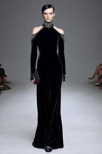 Sparkly Black High Neck Velvet Long Sleeves Holiday Party Dress with Beading