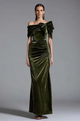 Olive Off the Shoulder Sheath Long Velvet Holiday Party Dress with Bow
