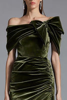 Load image into Gallery viewer, Olive Off the Shoulder Sheath Long Velvet Holiday Party Dress with Bow