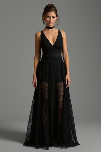 Black V-Neck Lace A Line Long Formal Dress