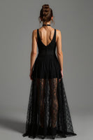 Load image into Gallery viewer, Black V-Neck Lace A Line Long Formal Dress