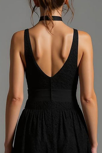 Black V-Neck Lace A Line Long Formal Dress