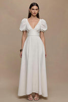 Load image into Gallery viewer, Ivory V-Neck Satin Puff Sleeves Long Formal Dress