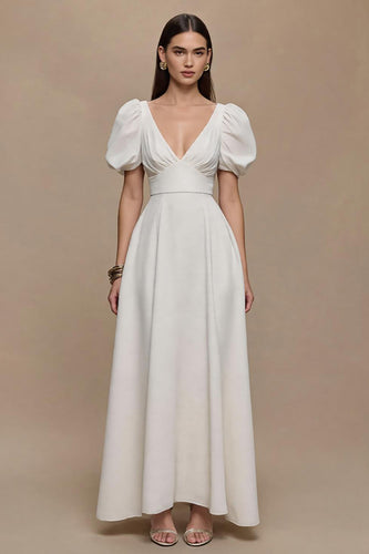Ivory V-Neck Satin Puff Sleeves Long Formal Dress