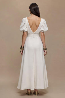 Ivory V-Neck Satin Puff Sleeves Long Formal Dress