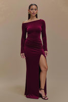 Load image into Gallery viewer, Burgundy Satin One Shoulder Long Sleeves Formal Dress with Slit