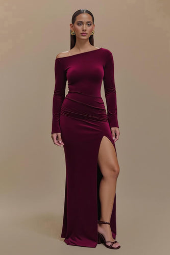 Burgundy Satin One Shoulder Long Sleeves Formal Dress with Slit