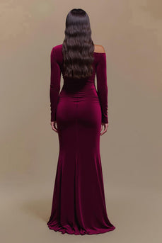 Burgundy Satin One Shoulder Long Sleeves Formal Dress with Slit