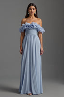 Load image into Gallery viewer, Sky Blue Chiffon A Line Ruched Long Formal Dress with Ruffles