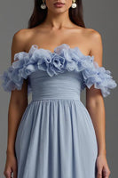 Load image into Gallery viewer, Sky Blue Chiffon A Line Ruched Long Formal Dress with Ruffles