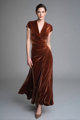 Caramel Velvet Ruched V Neck Long Holiday Party Dress with Sleeves