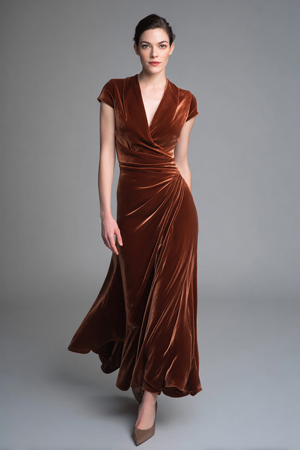 Caramel Velvet Ruched V Neck Long Holiday Party Dress with Sleeves