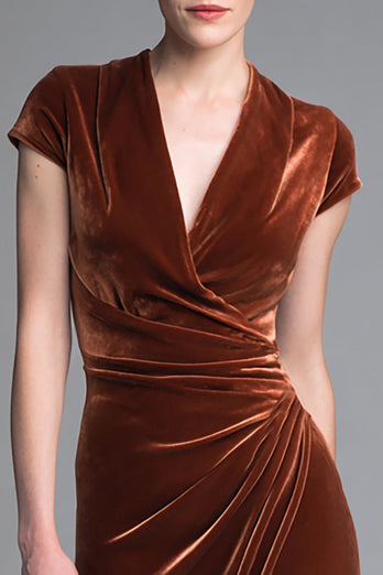 Caramel Velvet Ruched V Neck Long Holiday Party Dress with Sleeves