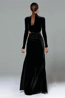 Load image into Gallery viewer, Black Velvet High Neck Sheath Cut Out Long Holiday Party Dress