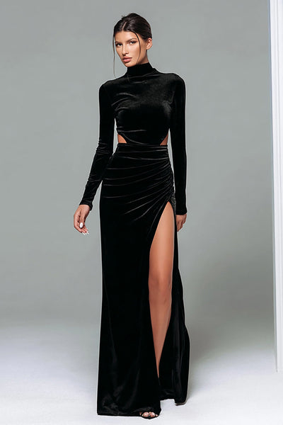 Women Black Velvet Cut Out Long Holiday Party Dress with Sleeves Ruched Sheath High Neck Formal Dress with Slit