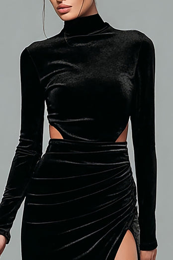 Black Velvet High Neck Sheath Cut Out Long Holiday Party Dress
