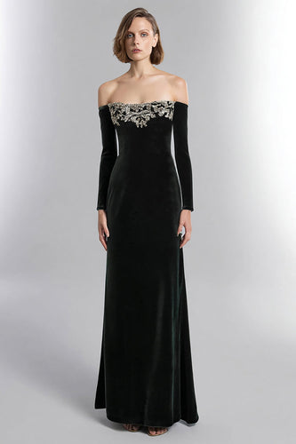 Black Long Sleeves Velvet Holiday Party Dress with Rhinestones
